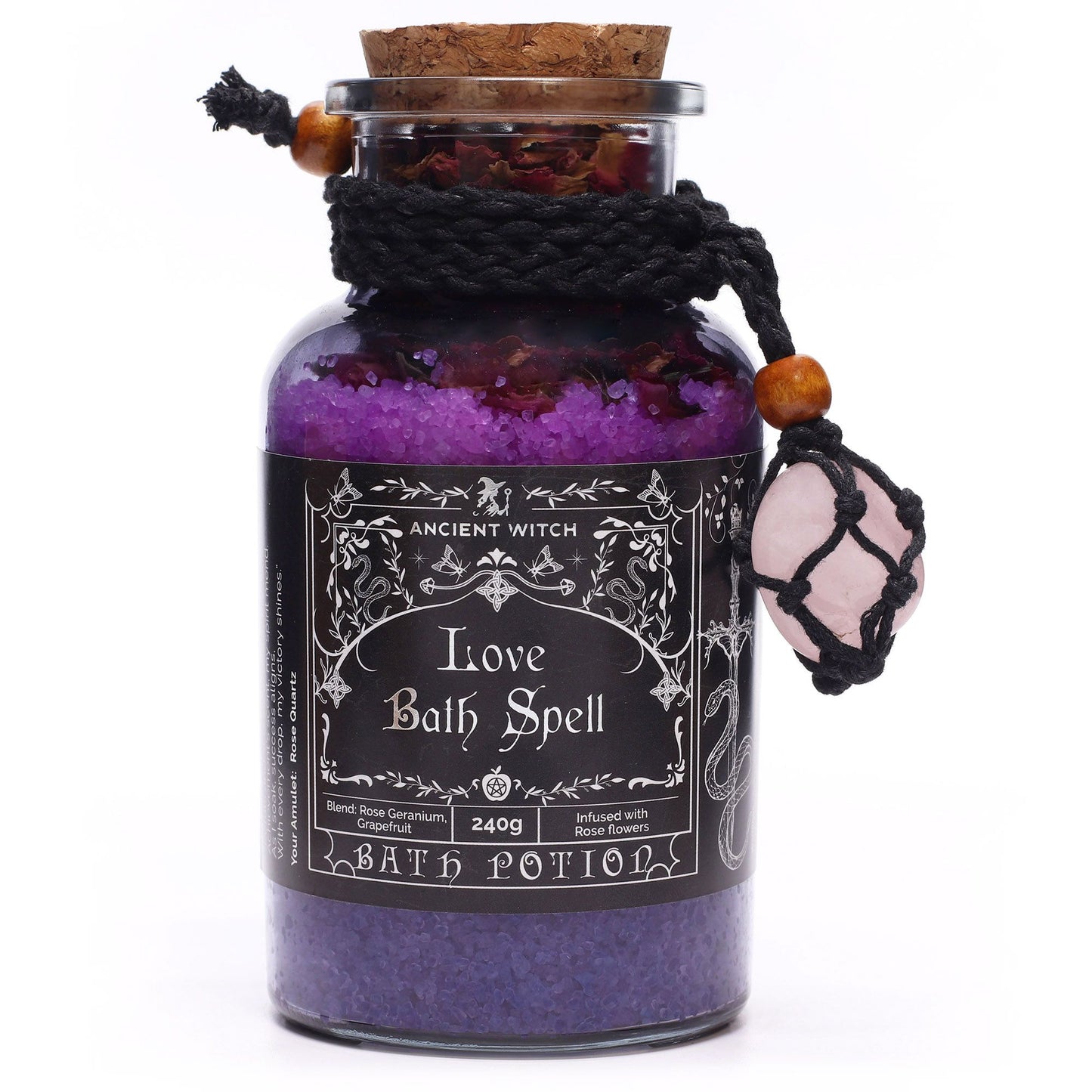 Ancient Witch Bath Spell, Potion &amp; Rose Quartz Crystal Amulet - Love