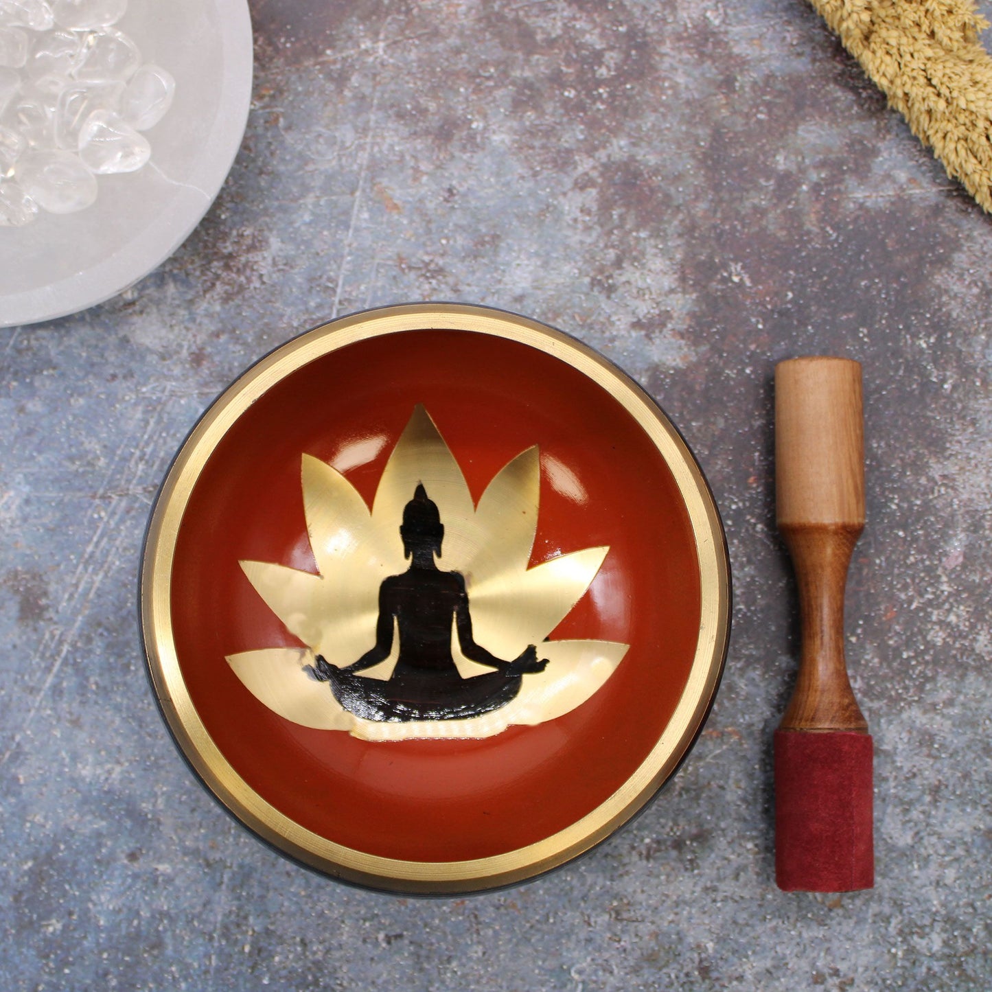 Large Tibetan Singing Bowl Set - Buddha - Black/Orange 14cm