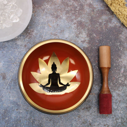 Large Tibetan Singing Bowl Set - Buddha - Black/Orange 14cm