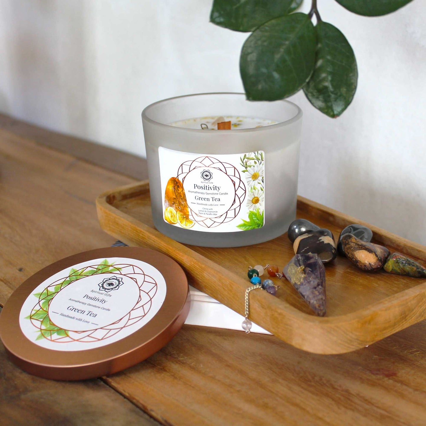 Green Tea Candle and Citrine Gemstone - Positivity