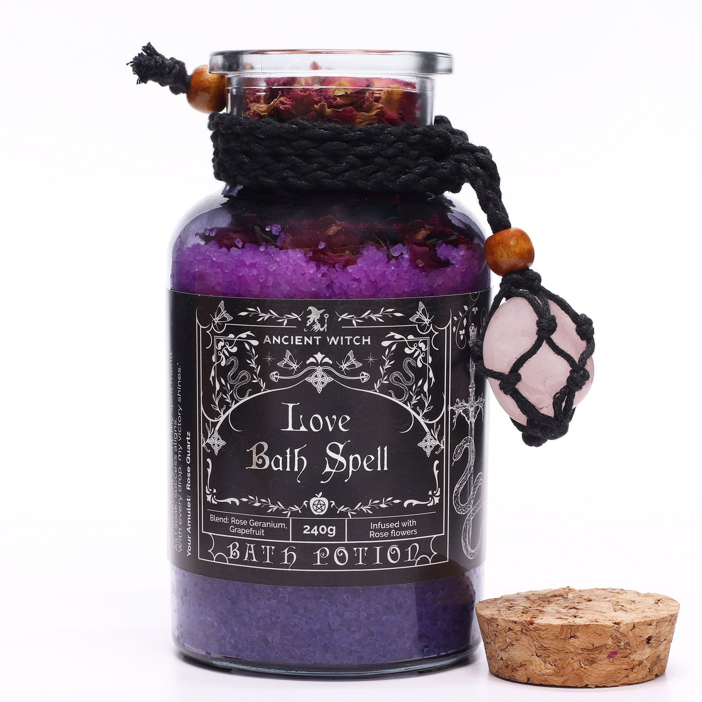 Ancient Witch Bath Spell, Potion &amp; Rose Quartz Crystal Amulet - Love