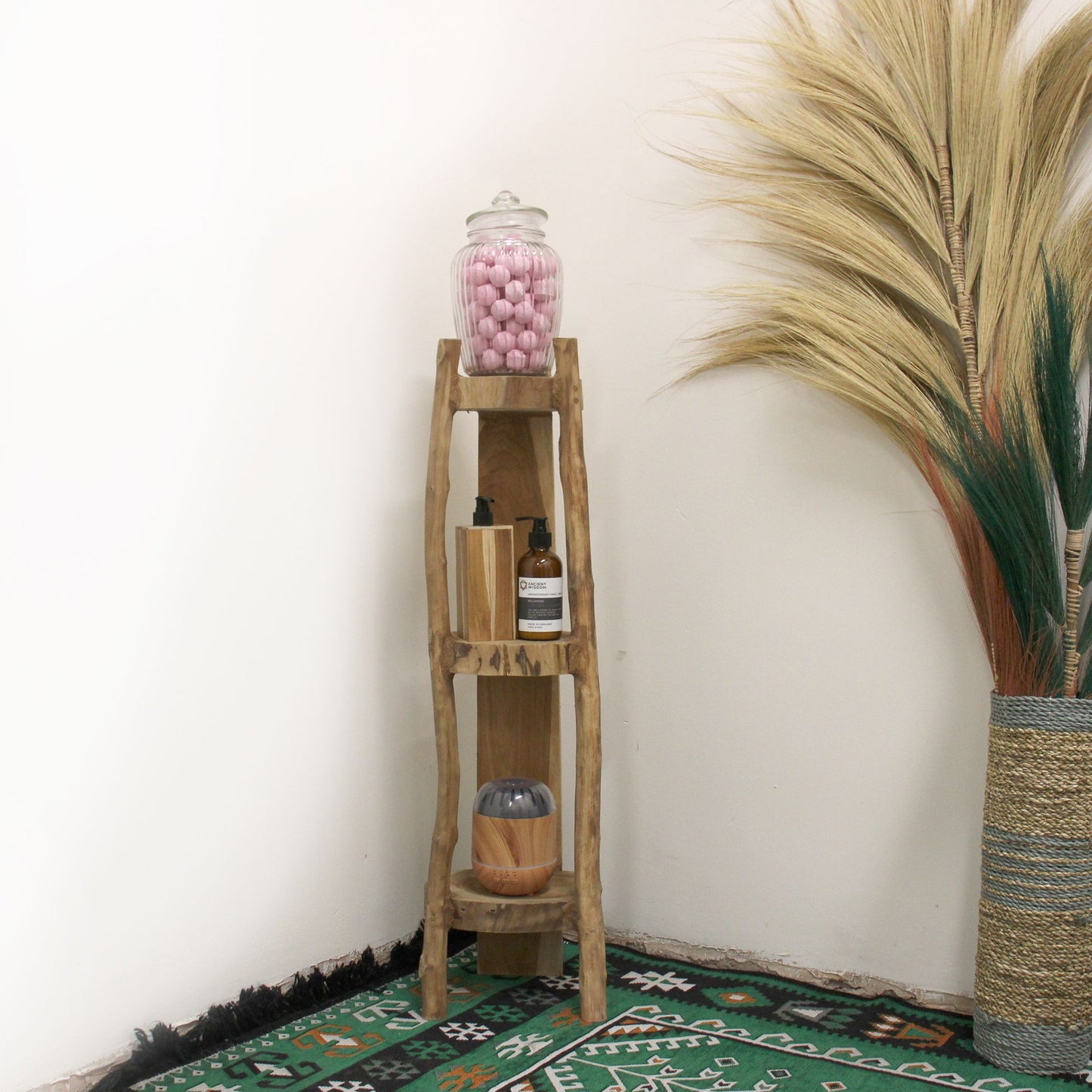 Corner cabinet with 3 shelves in natural teak - 90cm high