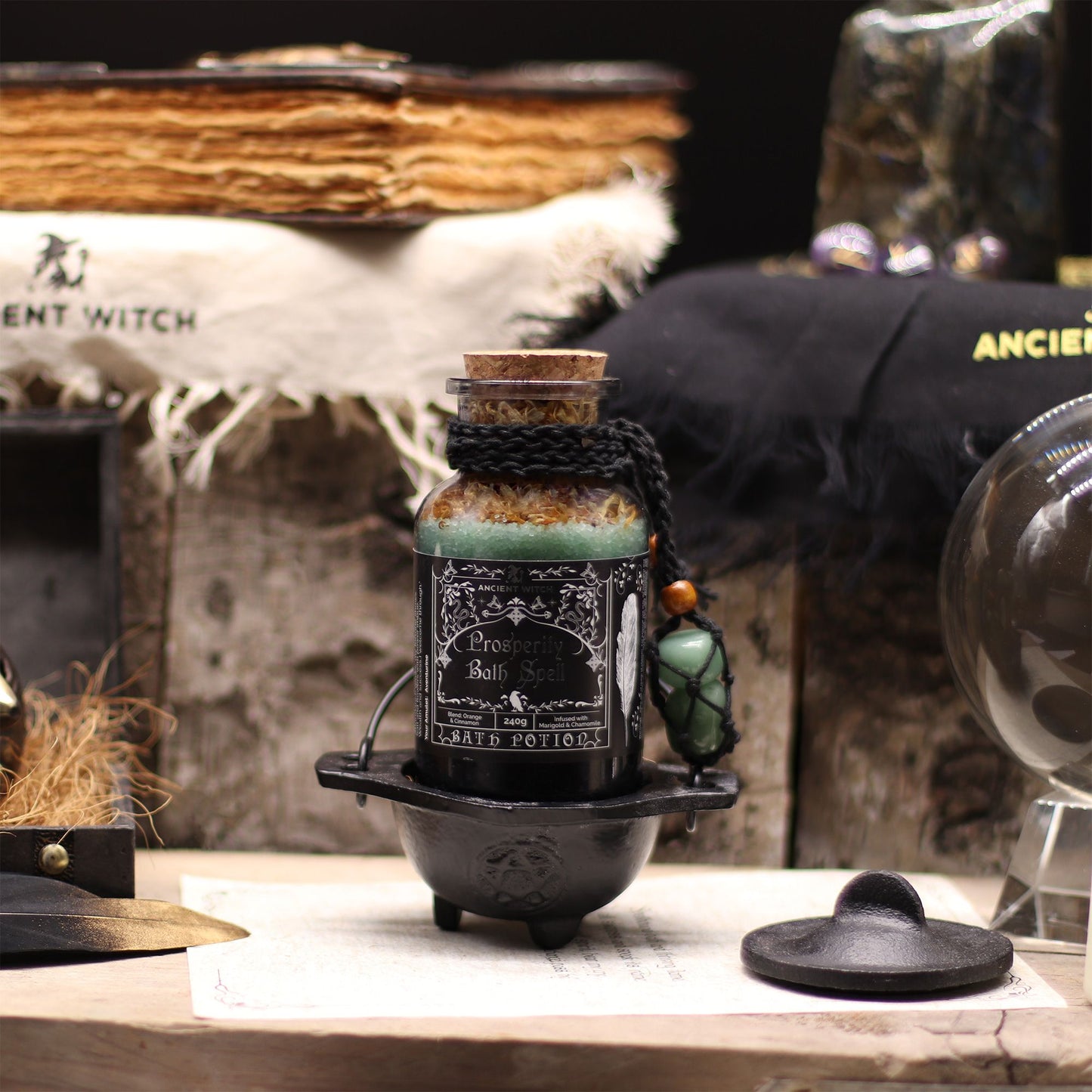 Ancient Witch Bath Spell Potion and Aventurine Crystal Amulet - Prosperity