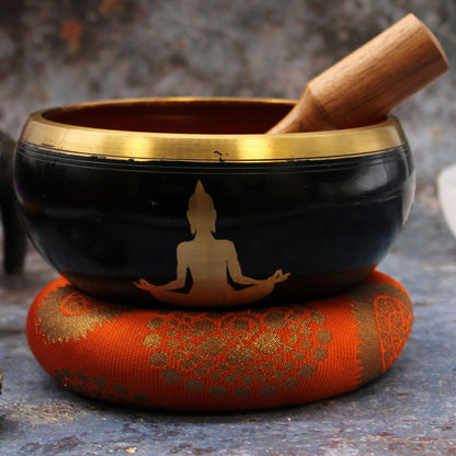 Large Tibetan Singing Bowl Set - Buddha - Black/Orange 14cm