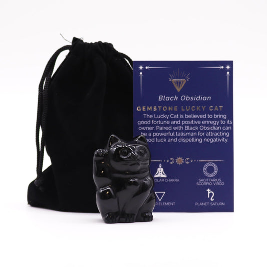 Gato de obsidiana tallado con bolsa 