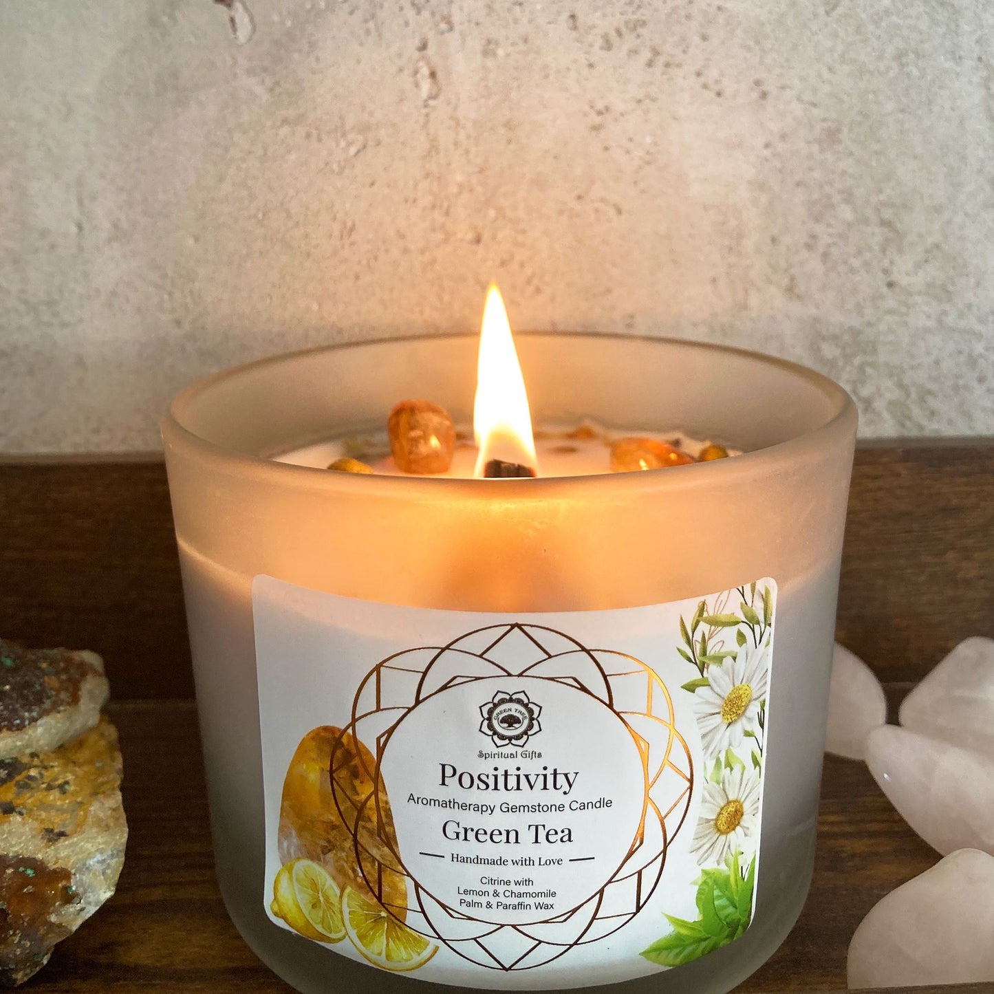 Green Tea Candle and Citrine Gemstone - Positivity