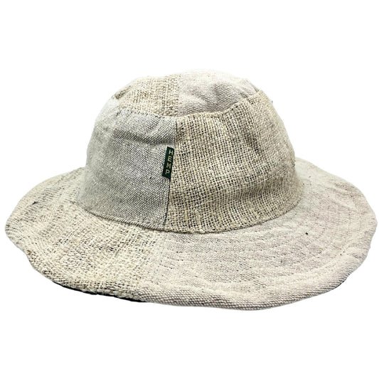 Boho hemp and cotton festival hat with patches and hoops - Natural