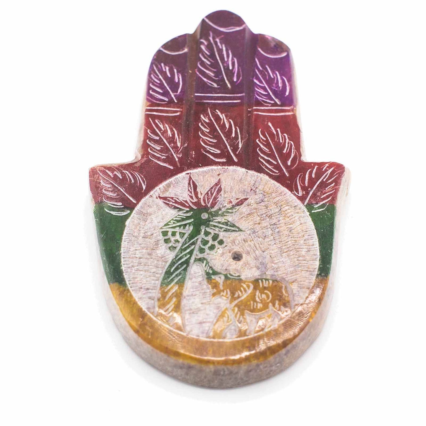 Soapstone Hamsa Incense Holder 9x6cm - Elephant and Palm