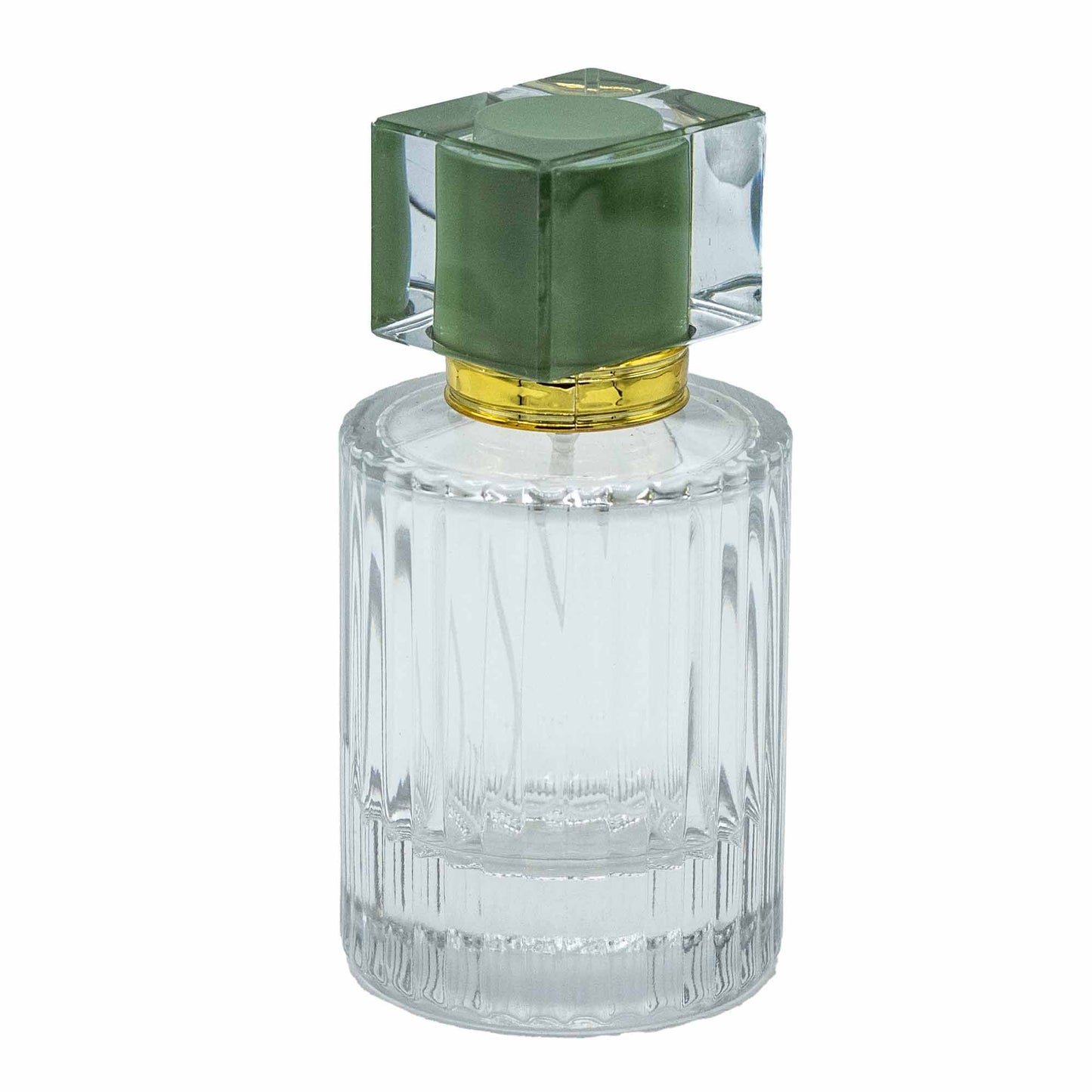 Glass perfume bottles with spray nozzle and green lid, 50 ml