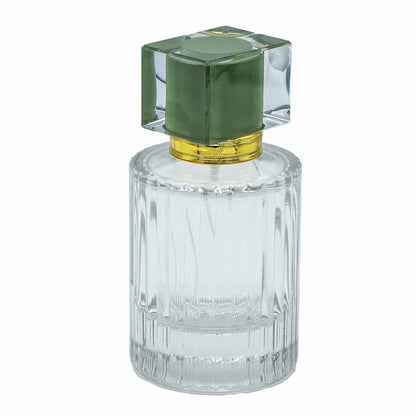 Glass perfume bottles with spray nozzle and green lid, 50 ml