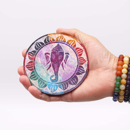 Soapstone Disc Incense Holder 10cm - Ganesha