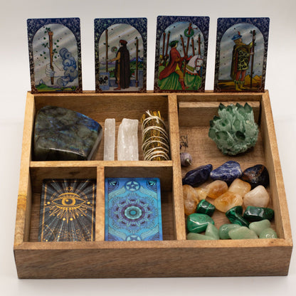 Caja de tarot de cuatro compartimentos con soporte para cartas