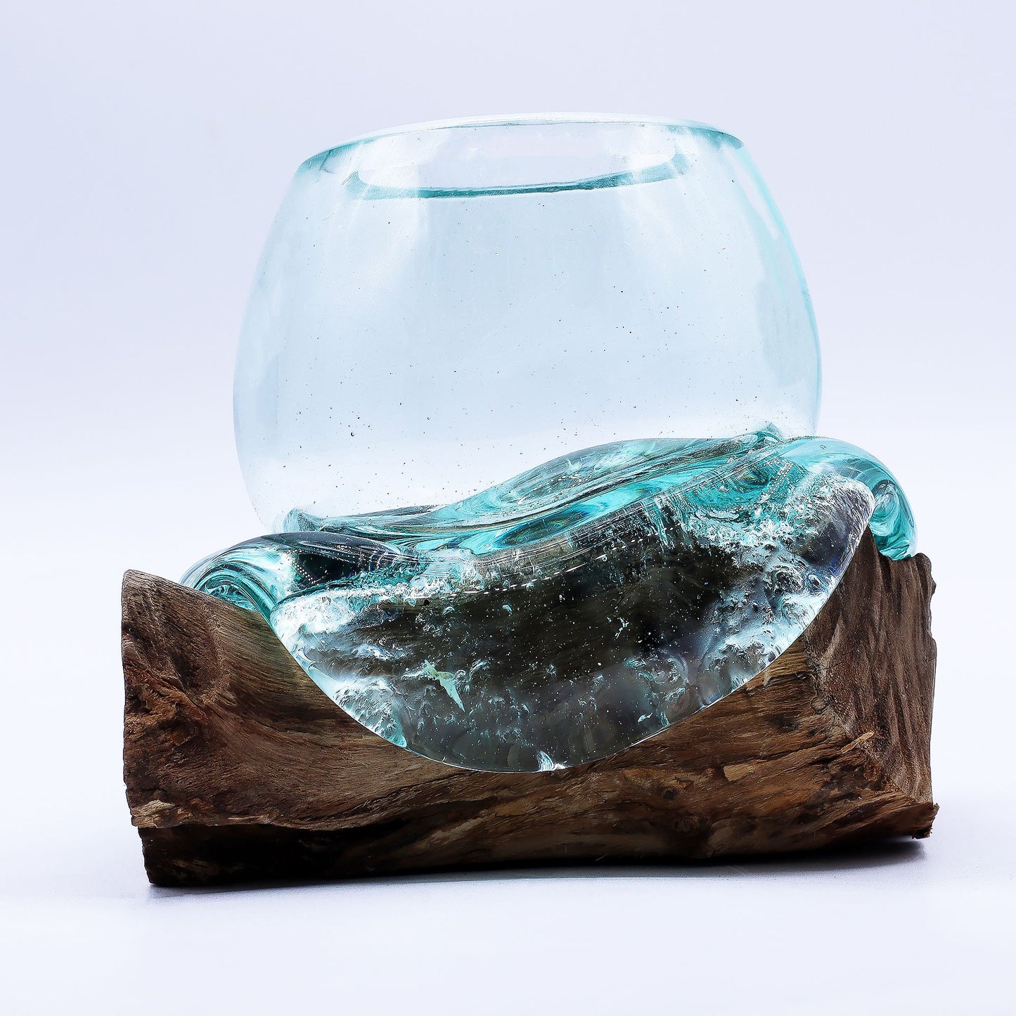 Petit aquarium miniature en verre fusionné sur bois, 20 cm