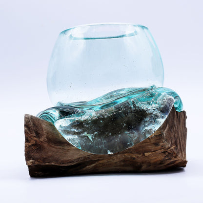 Petit aquarium miniature en verre fusionné sur bois, 20 cm