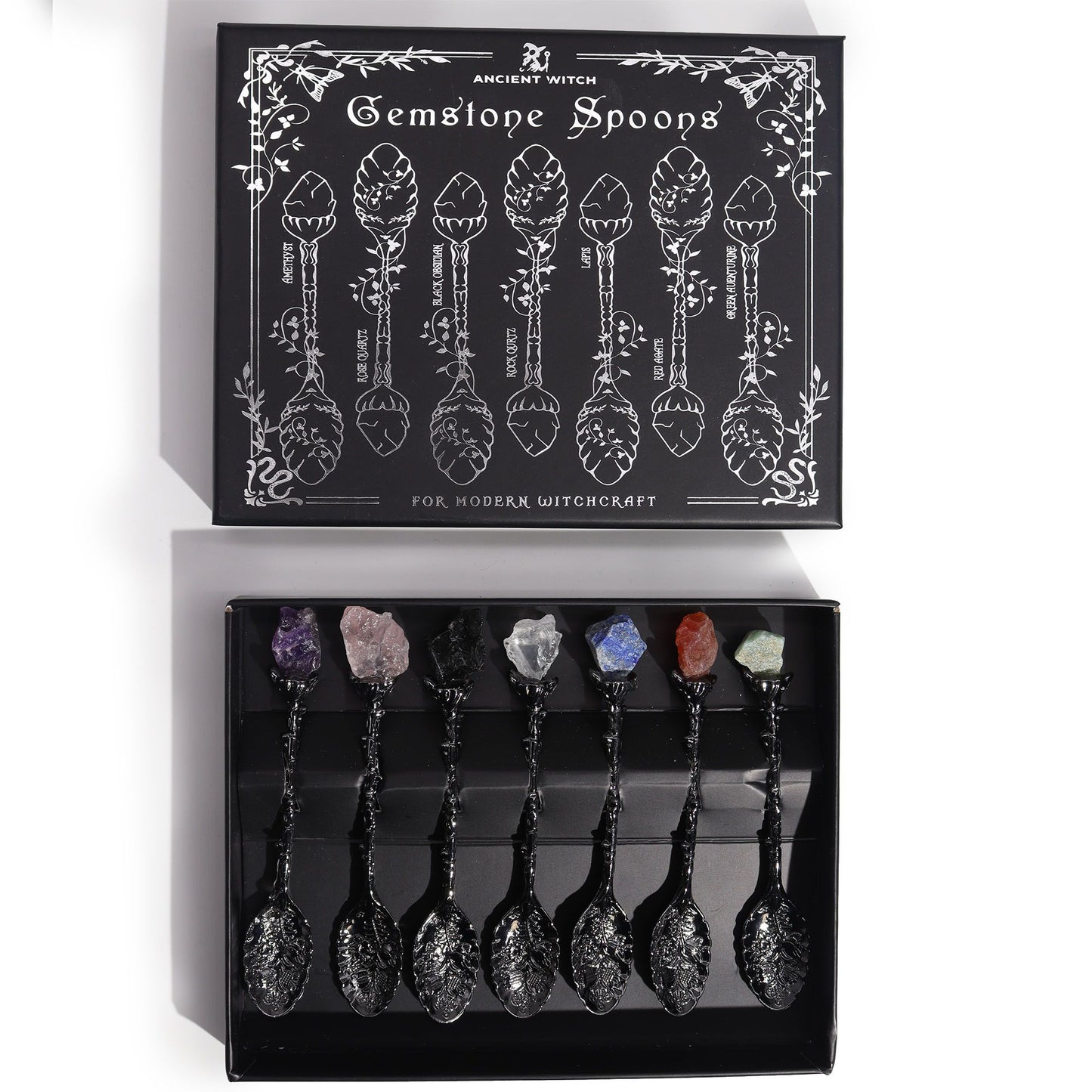 Ensemble de 7 cuillères de sorcière en cristal et pierres précieuses en argent foncé