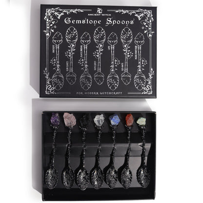 Ensemble de 7 cuillères de sorcière en cristal et pierres précieuses en argent foncé