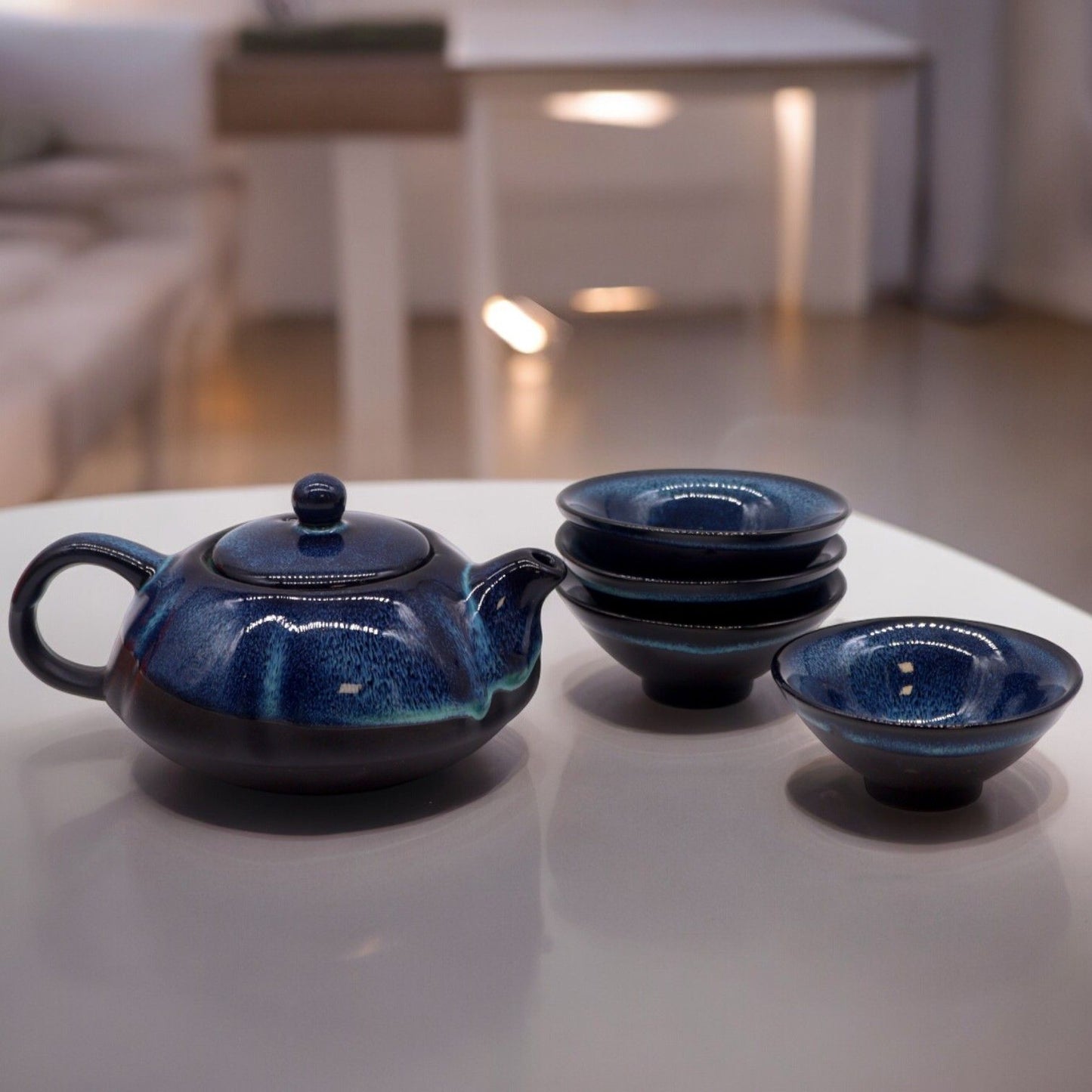 Tea Set - Blue Tones - Teapot &amp; Four Cups