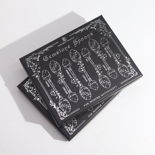 Juego de 7 Cucharas de Bruja de Cristal de Piedra Preciosa de Plata Oscura