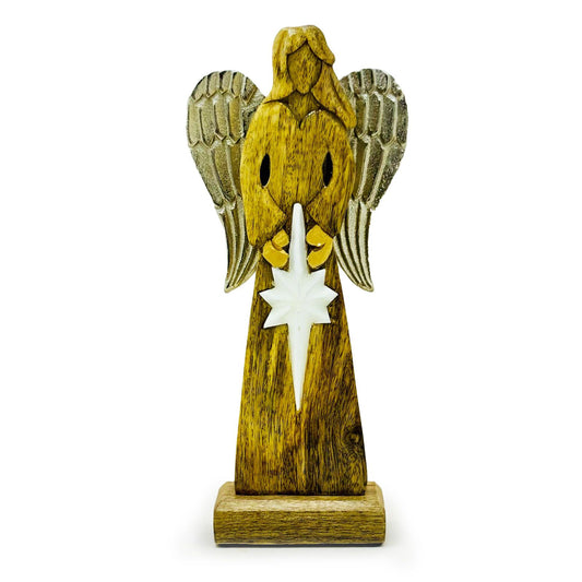 Large Angel of Peace made of Mango Wood, Metal Wings and Enamel Detail