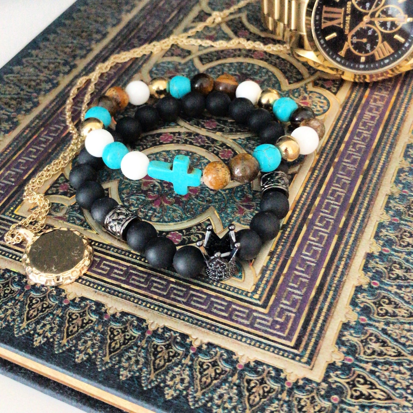 Turquoise Cross / Real Pearls - Gemstone Bracelet
