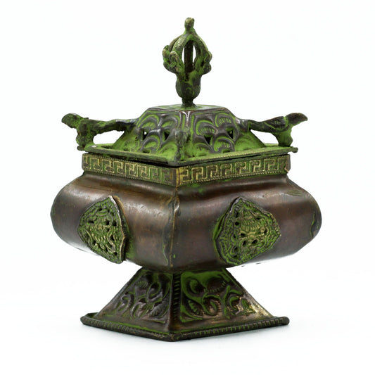 Tibetan Verdigris Brass Burner - Four Symbols Standing Pot