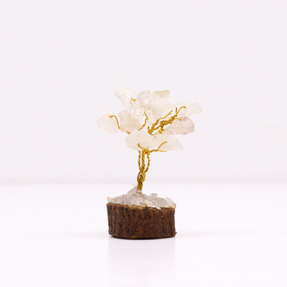 Mini arbre à pierres précieuses sur socle en bois – Quartz rocheux (15 pierres)