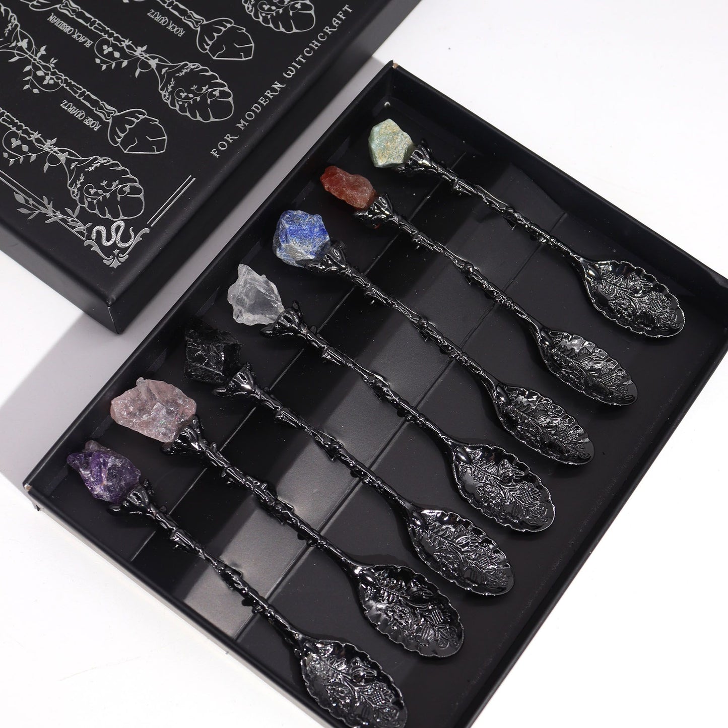Ensemble de 7 cuillères de sorcière en cristal et pierres précieuses en argent foncé