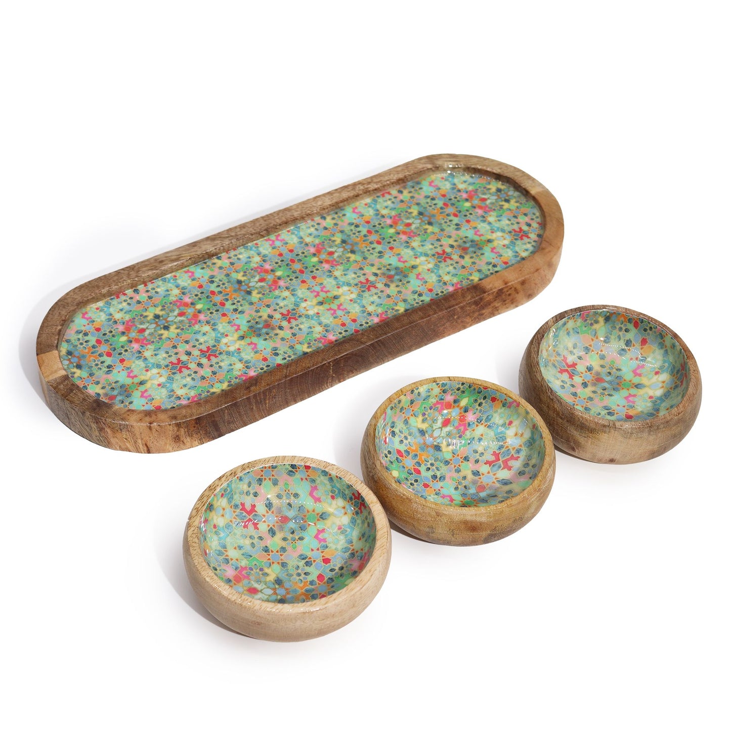 Plateau en bois de manguier avec 3 bols - Motif carreaux méditerranéens