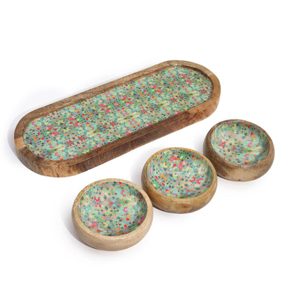 Plateau en bois de manguier avec 3 bols - Motif carreaux méditerranéens