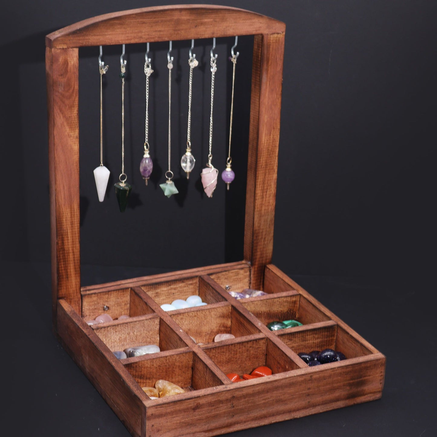 Hanging Stand and Display Tray - 9 Compartments (3x3) - Dark Wood