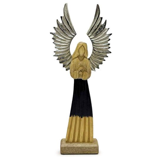 Ángel guardián de madera de mango grande, alas de metal y detalle esmaltado