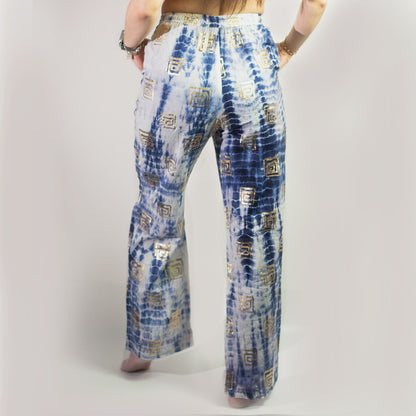 (ML) Colección Nómada Sari Mediterráneo - Pantalones - Motivo Griego en Oro y Azul