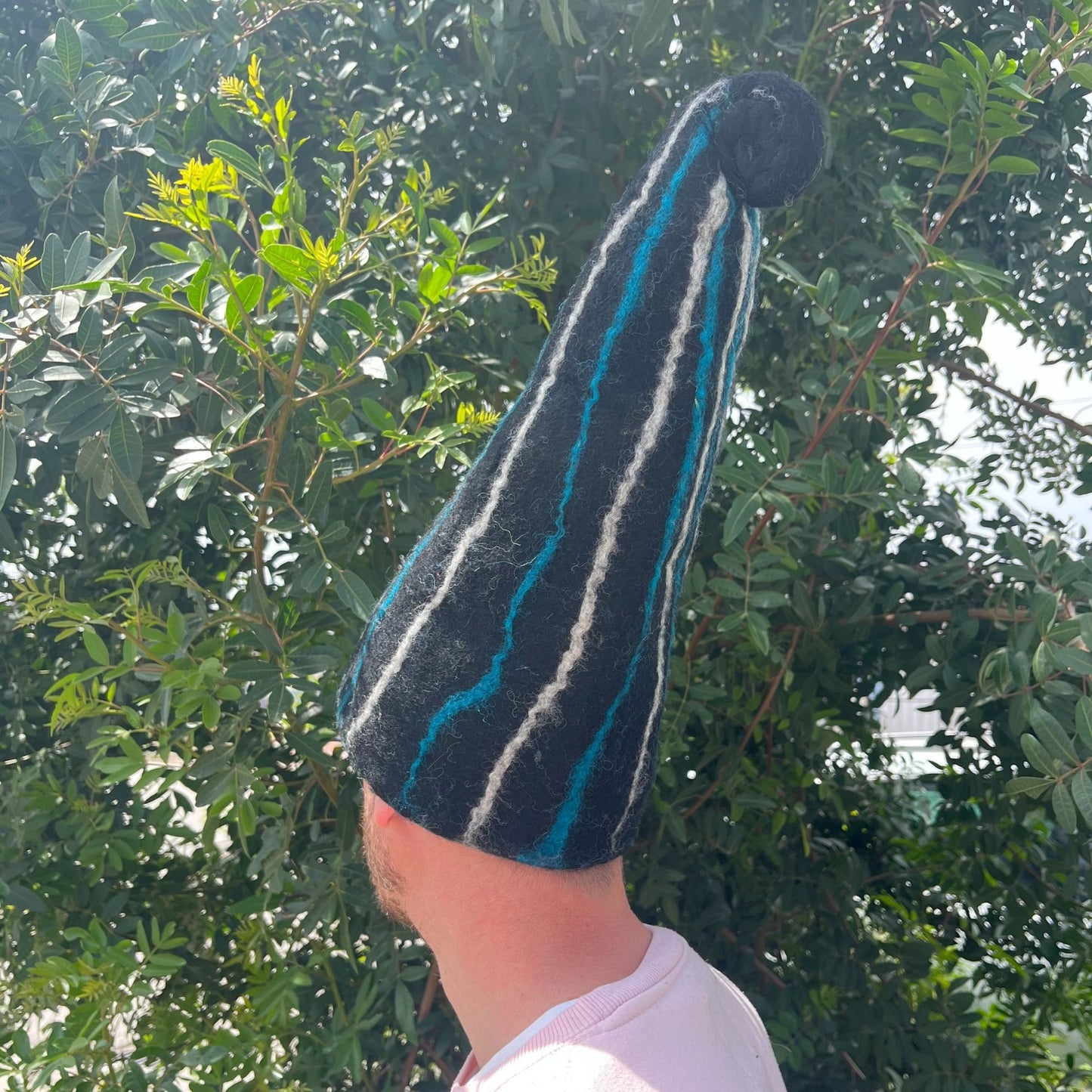Felt sauna wizard hat - Black and blue stripes