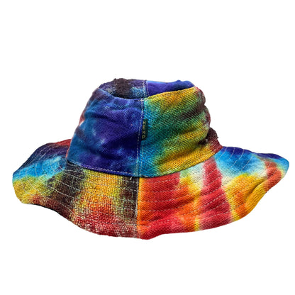 Boho hemp and cotton festival hat with patches and hoops - Tiedye