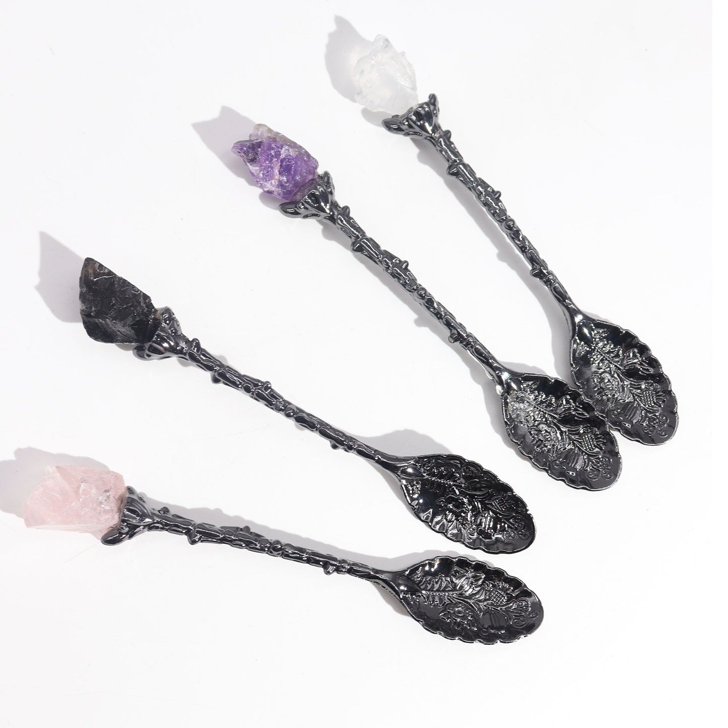 Ensemble de 7 cuillères de sorcière en cristal et pierres précieuses en argent foncé