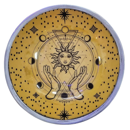 Three-legged enameled offering plate - Hands and Sun