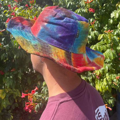 Boho hemp and cotton festival hat with patches and hoops - Tiedye