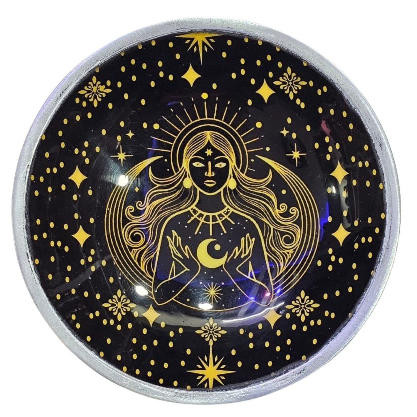 Three-legged enameled offering plate - Gold Goddess on black