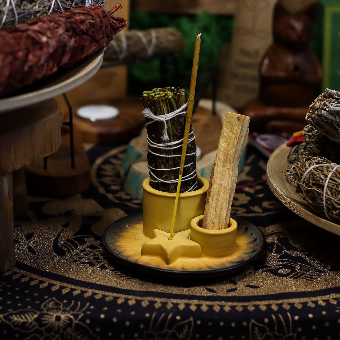 Ceramic holder for Palo Santo and Incense - Mandala - Sand and Gray