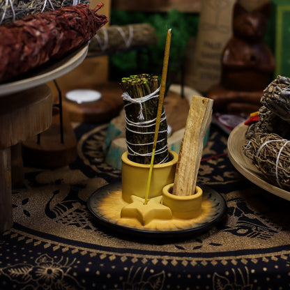 Ceramic holder for Palo Santo and Incense - Mandala - Sand and Gray