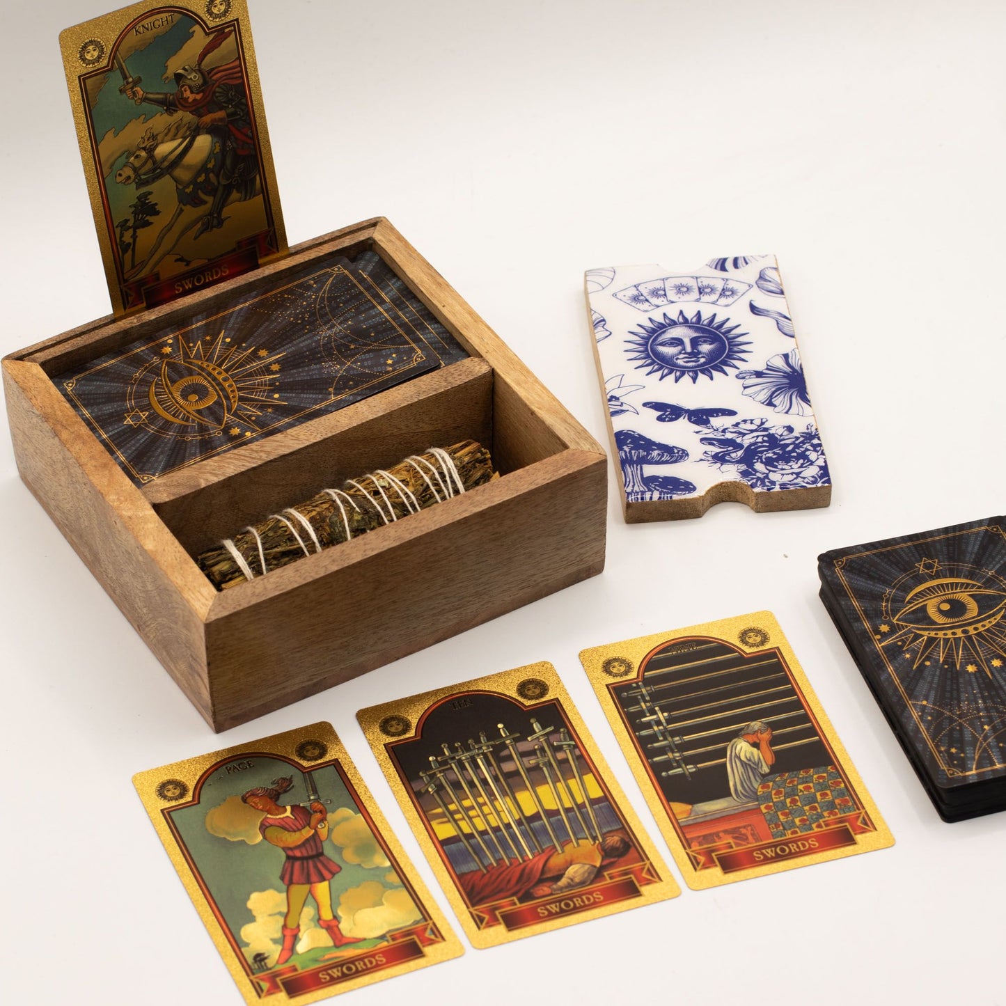 Caja de tarot de dos secciones con soporte para cartas