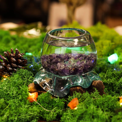 Petit aquarium miniature en verre fusionné sur bois, 20 cm