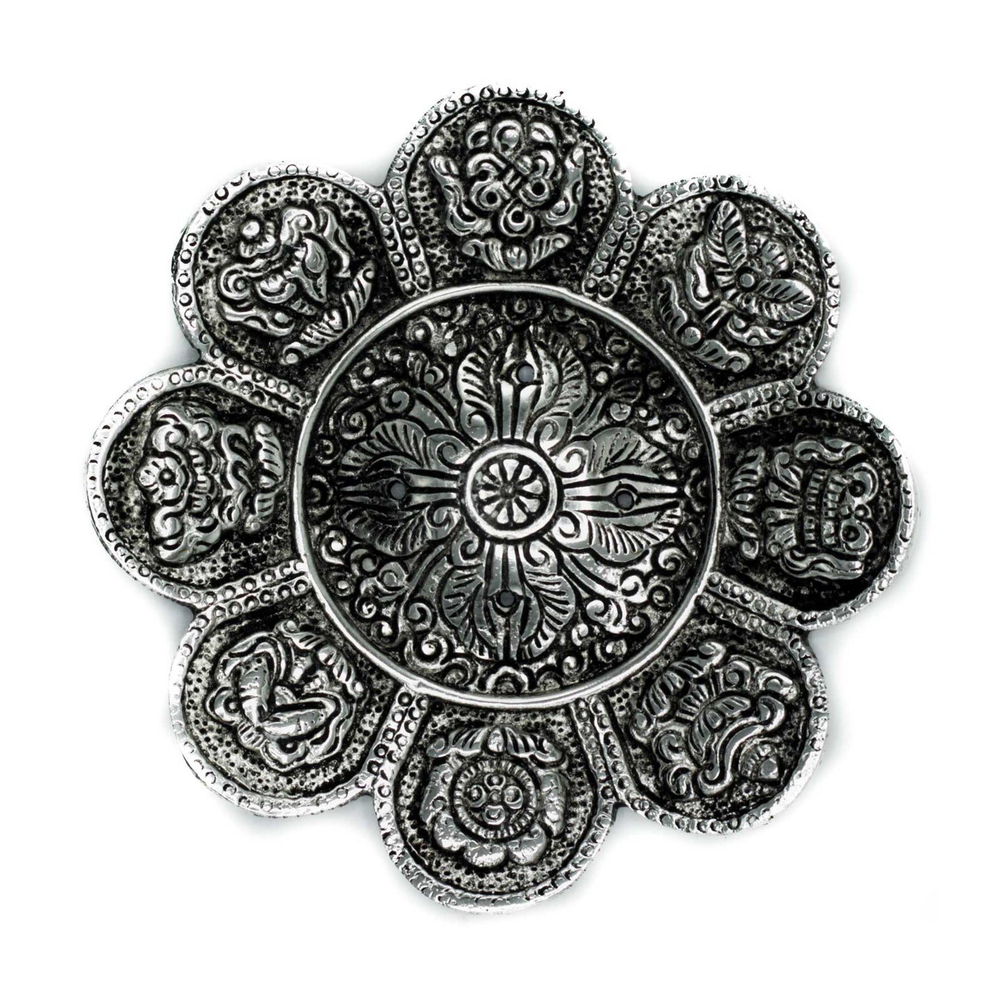 Tibetan Symbols Incense Holder Polished Aluminum 12cm