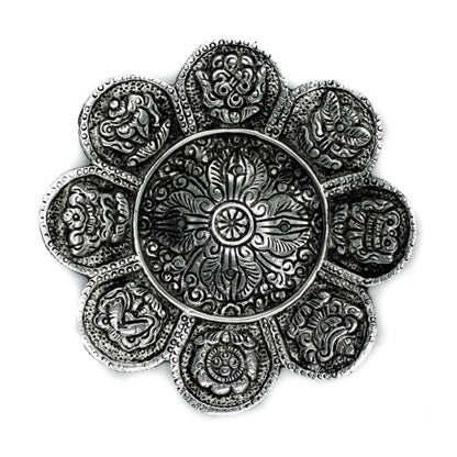 Tibetan Symbols Incense Holder Polished Aluminum 12cm