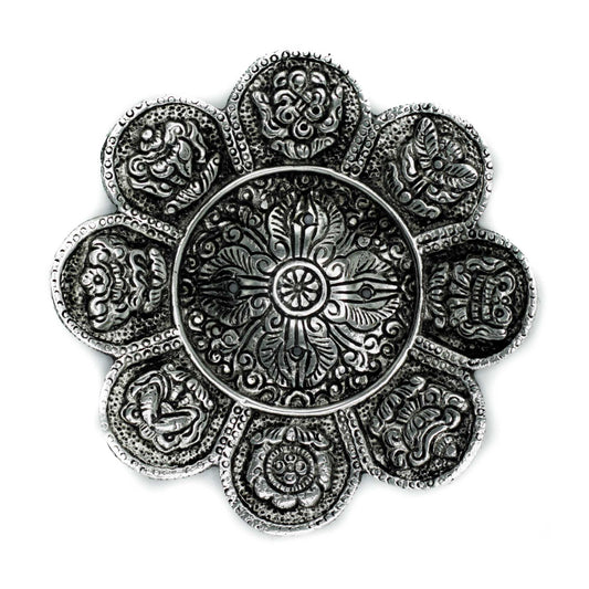 Tibetan Symbols Incense Holder Polished Aluminum 12cm