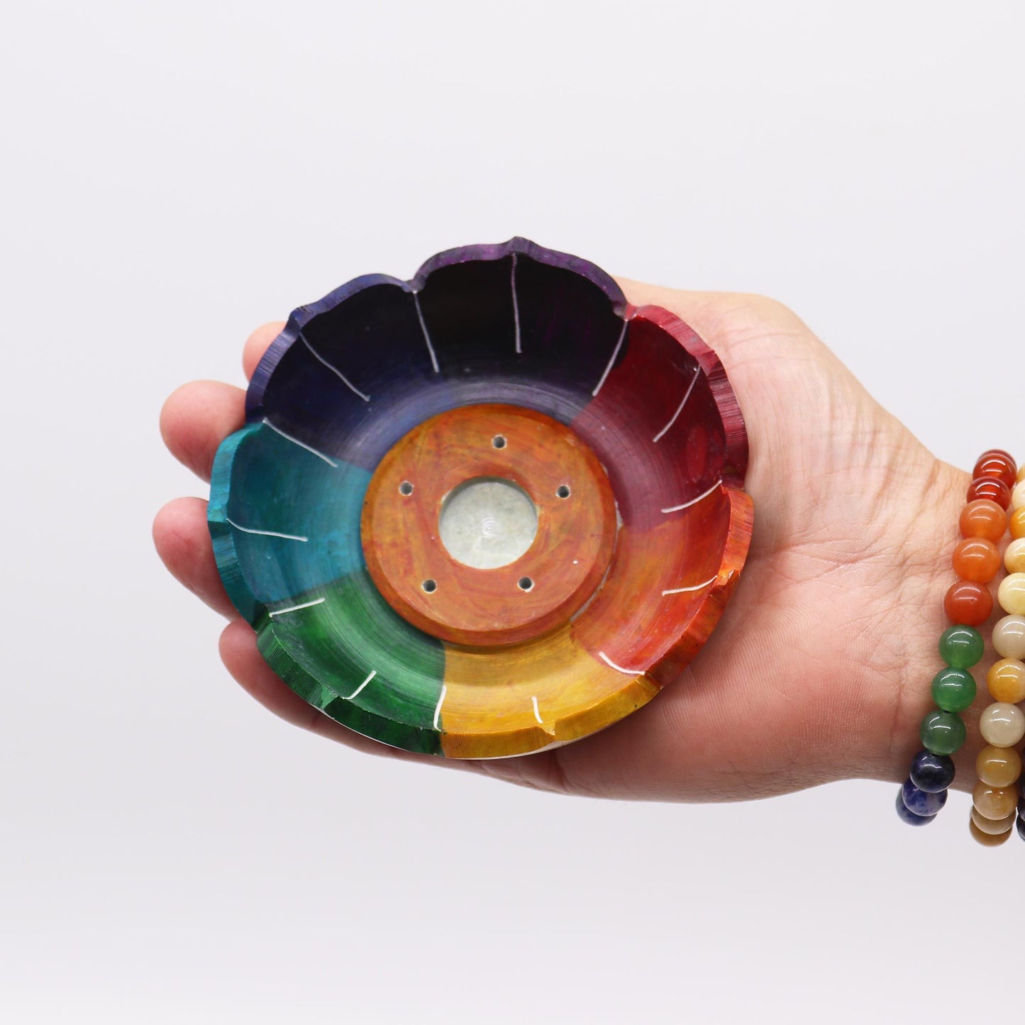 Soapstone Lotus Flower Incense Holder 10x3cm - Chakra Colors