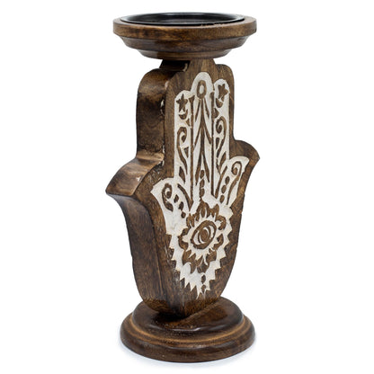 Mango Wood Candlestick - Hamsa - Large 25x18cm