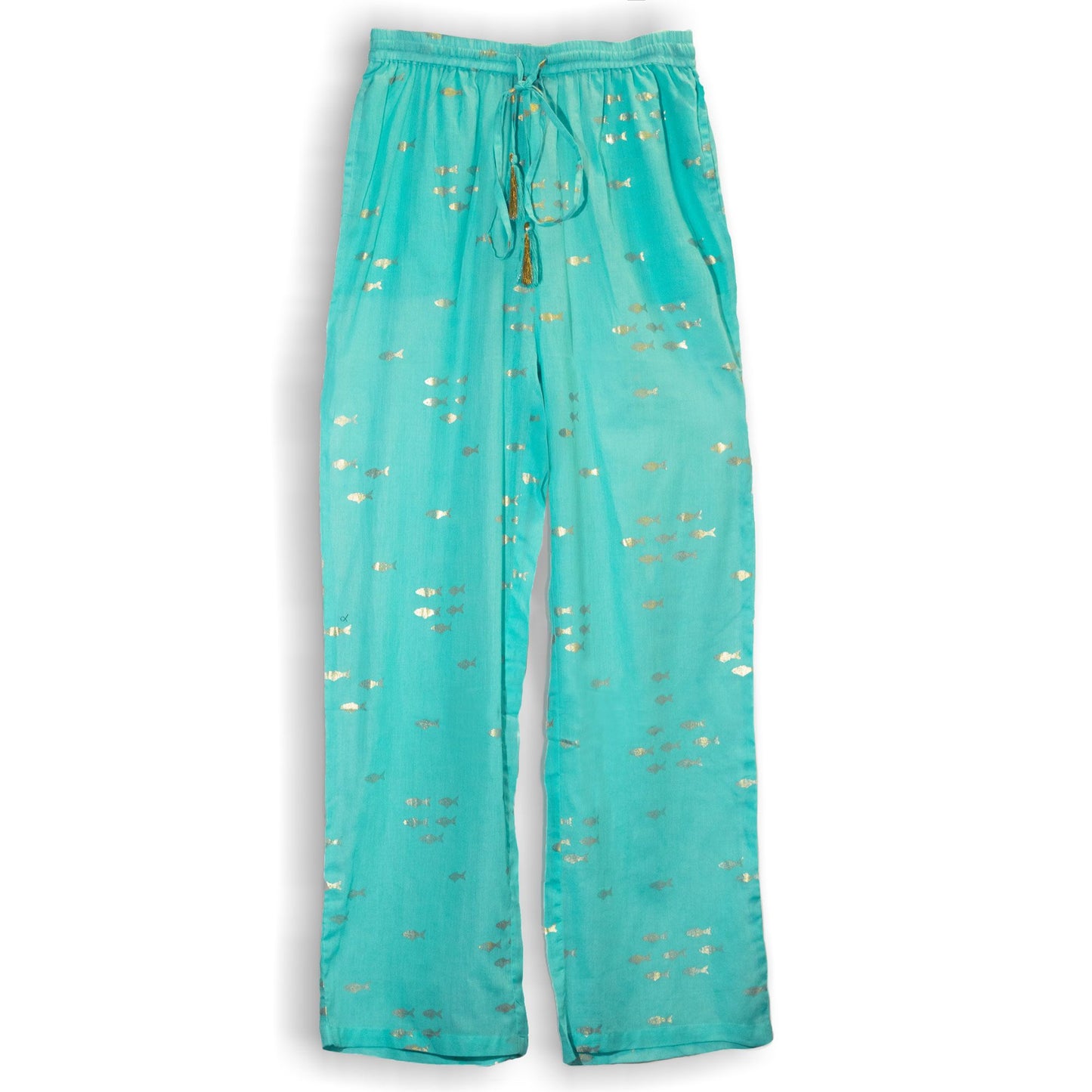 (ML) Colección Nómada Sari Mediterráneo - Pantalones - Diseño de Peces en Turquesa y Oro