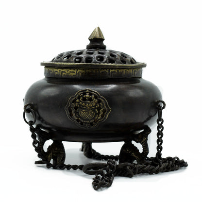 Large Tibetan Brass Burner - Four Symbols Hanging Vessel
