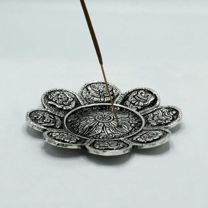 Tibetan Symbols Incense Holder Polished Aluminum 12cm